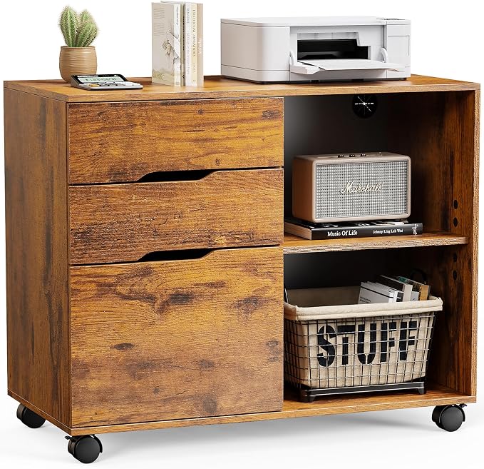 DUMOS Rolling File Cabinet with 3 Drawers, Wood Under Desk Printer Stand with Wheels and Adjustable Shelves, Lateral Filing Cabinet for Home Office, Small Space Storage Organizer, Brown