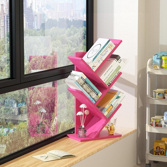 SHEEPAM 5 Tier Tree Book Shelf, Small Desktop Bookshelf with Storage Organizer, Wood Bookcase, Desk Display Bookshelves, Floor Standing Organizer Bookcases for Living Room,Bedroom,Office-Pink