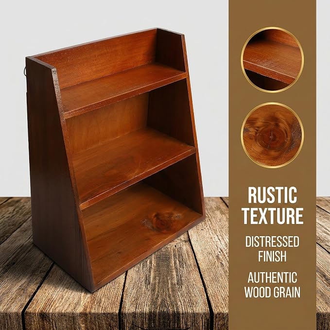DECHOUS 3 Tier Vintage Display Shelf: Small Wooden Desktop Organizer Multi Layer Storage - Freestanding or Wall Hanging for Home Office Desk Crystals Stone Essential Oils Storage - 12x6.5x13 Inch