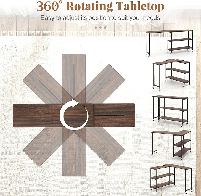 Tangkula Large 360° Free Rotating Sofa Side Table, Patented Mobile Couch Desk with 2-Tier Storage Shelves, Movable Laptop Desk with Sturdy Metal Frame, Extendable Couch Snack Table for Home Office