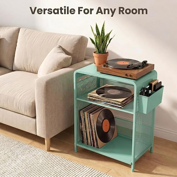 ECOLOVI 3 Tier Printer Stand for Under Desk, Height Adjustable Shelf Small Printer Table with 3 S-Hooks & Basket, Heavy Duty Industrial Storage Shelf for Home Office (Green Metal)