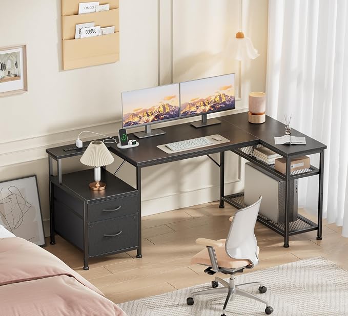 Furologee 57 Inch L Shaped Computer Desk with Power Outlets, Reversible Home Office Desk with Fabric Drawers, File Cabinet, Printer Table, Metal Storage Shelves, Corner Desk for Small Space, Black