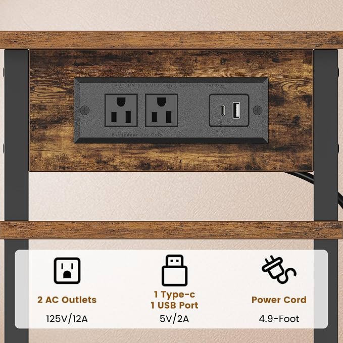 Asgolion Side Table with Charging Station, Skinny Nightstand with USB Ports and Outlets, 3 Tier Narrow End Table with Storage for Bedroom, Living Room, Office, Rustic Brown and Black