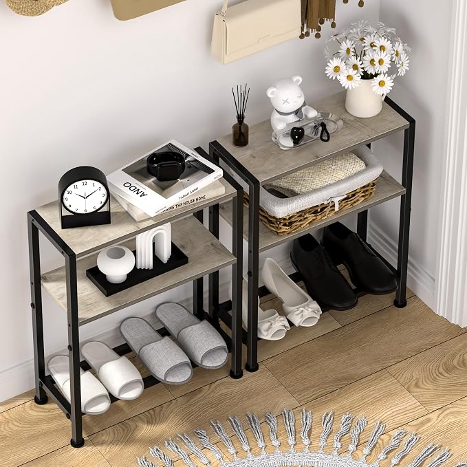 Narrow Side Table Set of 2 for Small Space, 2-Tier Small End Table with Shelf Holder, Slim Nightstand, Skinny Snack Couch Table in Living Room, Bedroom, Study, Kitchen and Balcony (Greige)