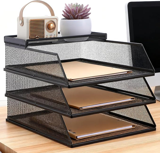 4-Piece Desk Organizer Set with 3 Slanted Paper Trays and Top Caddy, Metal Mesh Desktop File Organizer, Stackable Letter Trays for Document Storage in Home, Office, School (Black)
