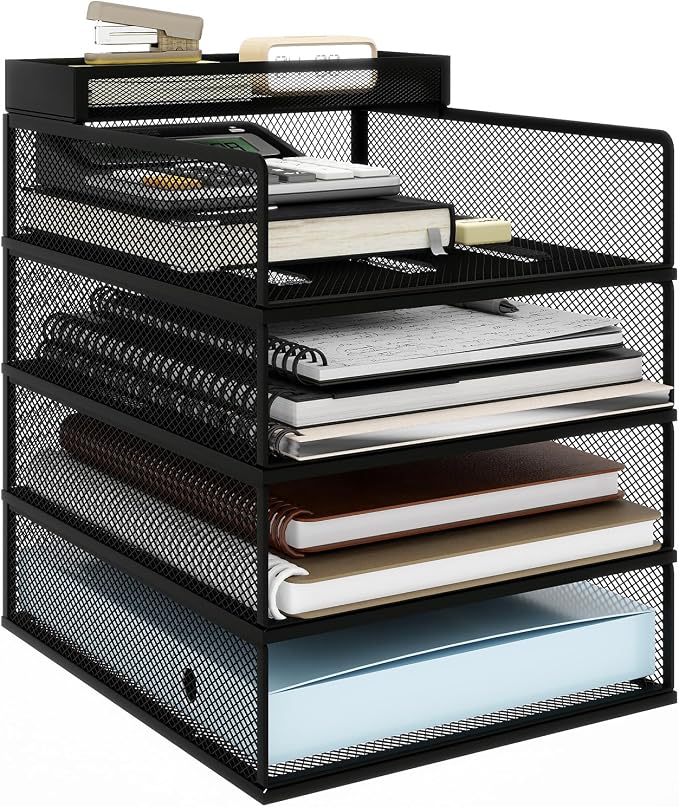 Natwind 4 Tier Stackable Paper Trays for Letter Documents, Desktop File Organizers for Office Supplies, Metal Mesh Desk Organizer，Office Organizer，Letter Trays for Home, Office, School，Black