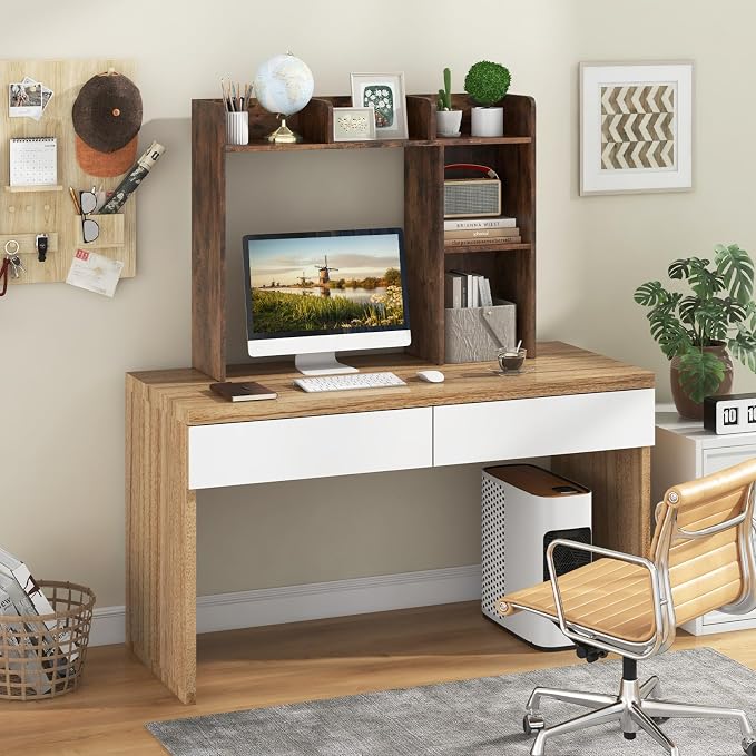 Desktop Bookshelf, 3-Tier Desk Organizer Shelves with 5 Display Rack, Countertop Storage Bookcase for Computer Desk, Desk Hutch Shelf for Top of Desk, Dorm, Home, Office (Rustic Brown)