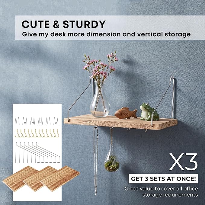 Fabric Wall Cubicle Shelf with Hooks for Work Decor, 11.8' Wooden Cubicle Organizer Storage Shelf with Hangers Cubicle Accessories for Women Men Desk, 3 Pack