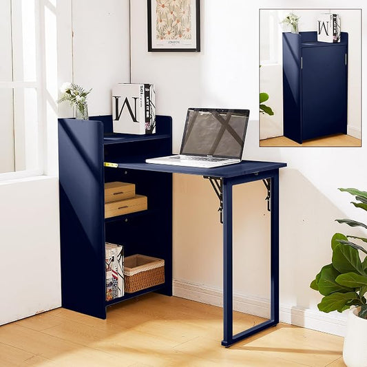 Fold Out Desk,Hidden Desk with Storage and Built-in Socket,Mid Century Foldable Table for Small Spaces,Home Office and Bedroom