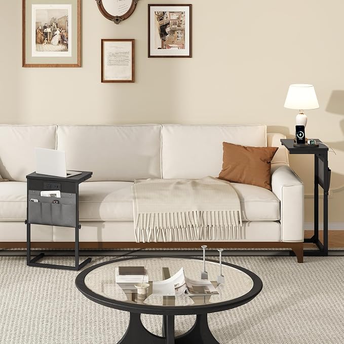 HOOBRO C Shaped End Table with Charging Station, 30” Adjustable Height Sofa Side Table with Storage Pocket, Slide Under Couch Table for Sofa Arm Tray, for Living Room, Bedroom, Black BB77USF01