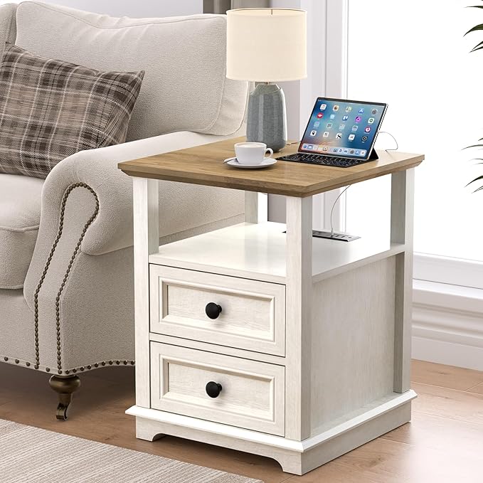 REDAYFUR 18" Wide End Table with Fast Charging Station Set of 2, 18” Wide Sofa End Table with Drawers,Storage Rustic Wood Storage Cabinet,Sofa Table for Living Room,White