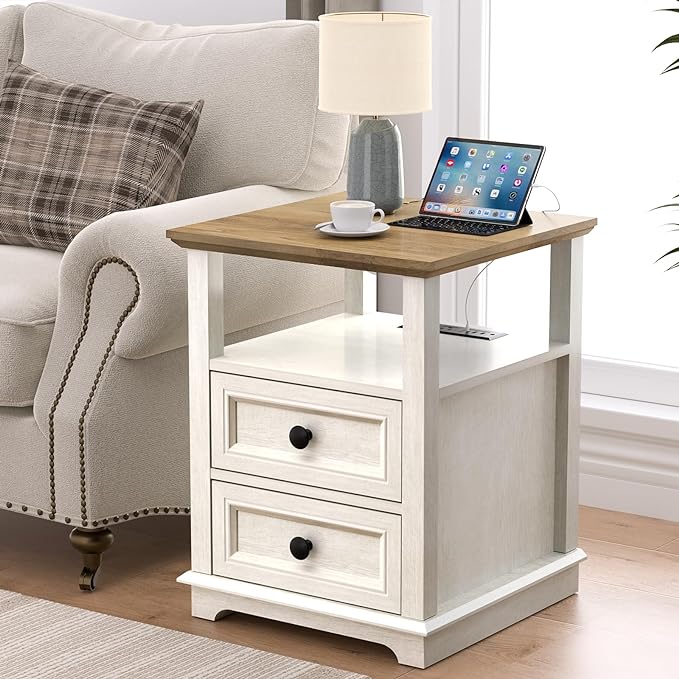 REDAYFUR End Table with Fast USB C Charging Station, 18" Wide Tall Sofa Side Table with 2 Drawers, Large Storage Rustic Wood Square Storage Cabinet for Living Room,Bedroom,Office, White