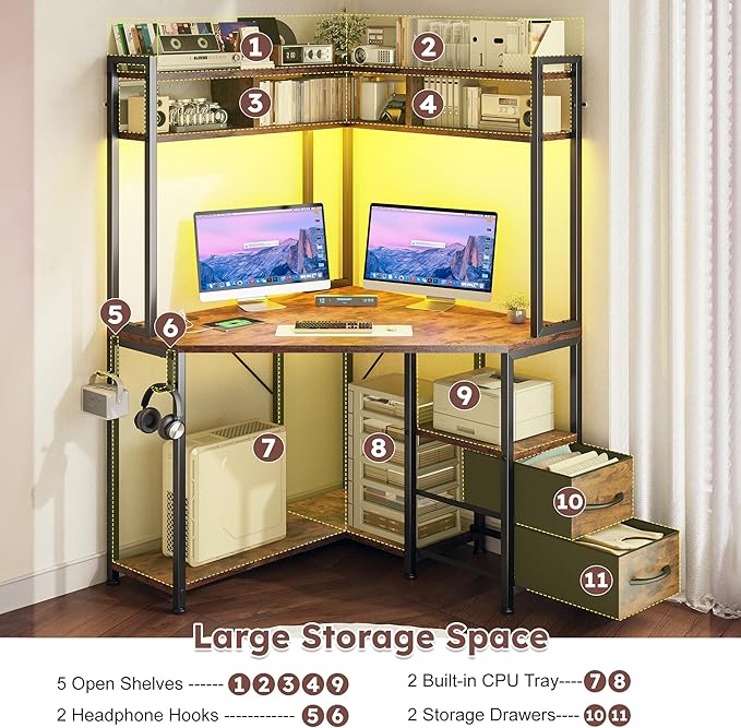 DurayLoly 63" Triangular Corner Desk with Hutch,Ample Storage for Small Room,Spacious 36" W Desktop,2 Fabric Drawers and Bottom Wooden Shelves,Versatile Computer Desk that Meets All Your Needs,Brown