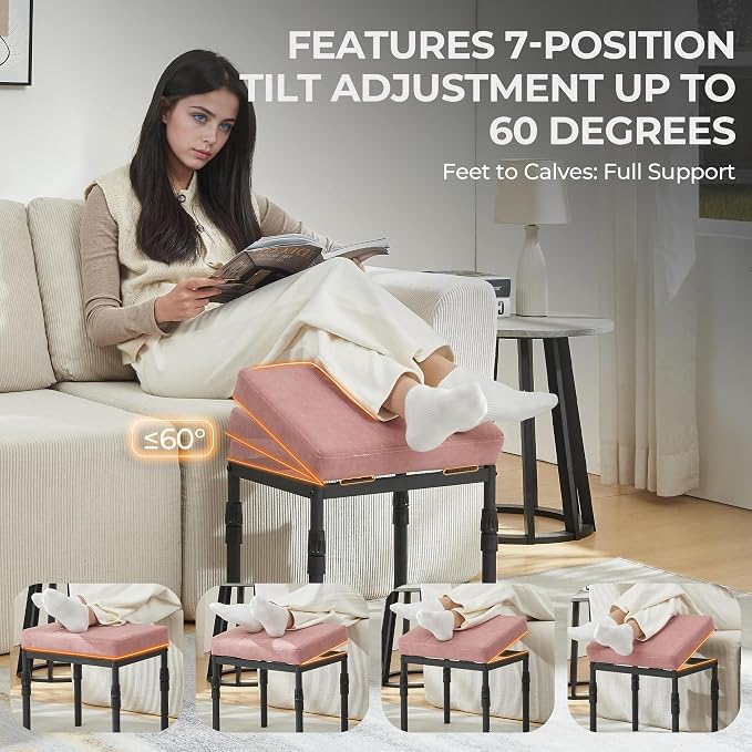 TIOPGHAD Adjustable Ottoman Pouf, 4 Height Position & 60 Degree Tilt Angle Faux Suede Ottomans Foot Stools Footrest Stool Pouffe Footstool for Under Desk for Living Room Home Office(Pink Faux Suede)