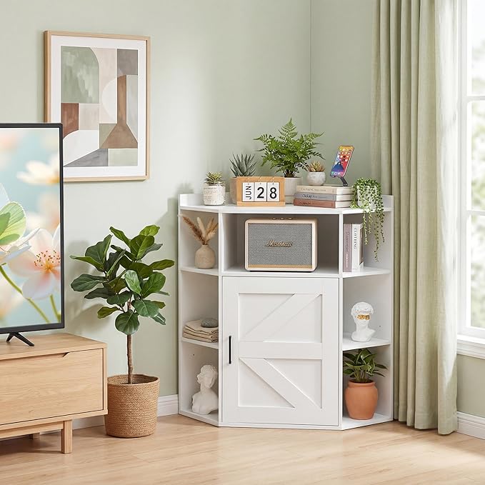 VECELO Corner Storage Cabinet with Charging Station, 34" Shelf with Door & Adjustable Shelves, Organizer for Living Room, Office & Gaming Setup, Fits Monitors up to 43" TV, White
