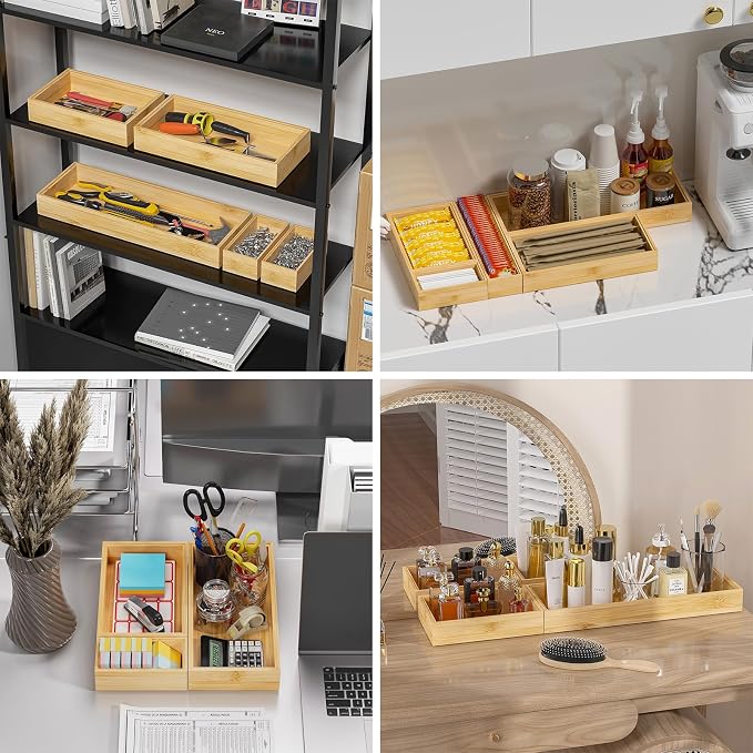 Lixple Bamboo Drawer Organizer, Narrow Stackable Cutlery Tray for Kitchen, 2 Pcs Silverware & Utensil Box, 12" x 3" x 2" (Outer), 11.3" x 2.3" x 1.77" (Inner)