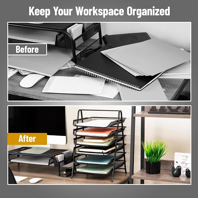 Mind Reader 6-Tier Paper Tray, Desktop Organizer, File Storage, Office, Metal Mesh, Black