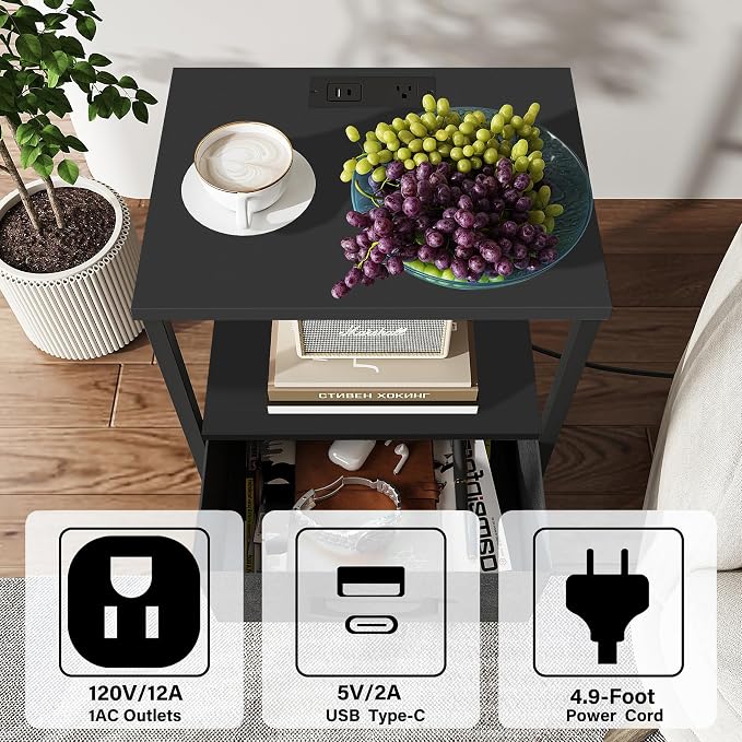 TUTOTAK Nightstand Set of 2, Night Stand with Charging Station, End Table, Bedside Table with Fabric Drawer, Side Table for Livingroom and Bedroom, Black TB01BK0692