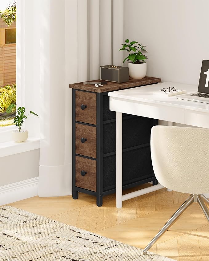 CHOEZON Narrow Side Table with 3 Fabric Drawers, Industrial Slim Bedside Table for Small Spaces, Bedroom, Living Room, Dormitory, Rustic Brown and Black TBZ09BF