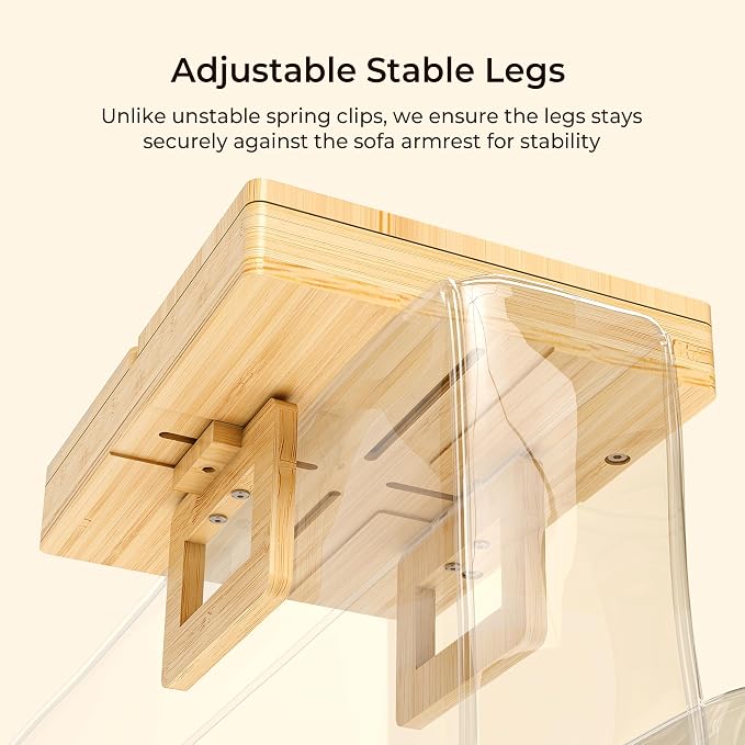Wealone Bamboo Couch Arm Tray with 2 Rotatable Tray, Adjustable Sofa Arm Clip Table with Storage Box & 360° Phone Holder, Couch Armrest Table for Snacks, Drinks or Dining