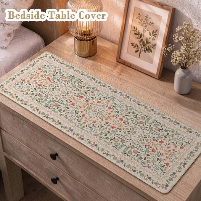 iCasso Aesthetic Floral Desk Mat, L Mouse Pads, Anti-Slip Mousepad with Stitched Edges, Waterproof Computer Pad 11.8"x31.5", Desk Accessories Office Decor for Women(Beige)