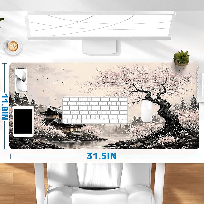 Gaming Desk Mat with Silky Smooth Surface & Exquisite Patterns,31.5x11.8 Inches Large-Sized Mouse Pad, Perfect for Extended Gaming,Work,and Home Office Decor (Japanese Ink Painting 2)