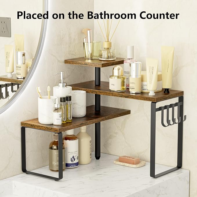 Alsonerbay Countertop Organizer Organization,3 Tier Corner Shelf for Kitchen Counter with Hooks for Coffee Area, Bathroom, Over Sink, Dresser Table (Rustic Brown)