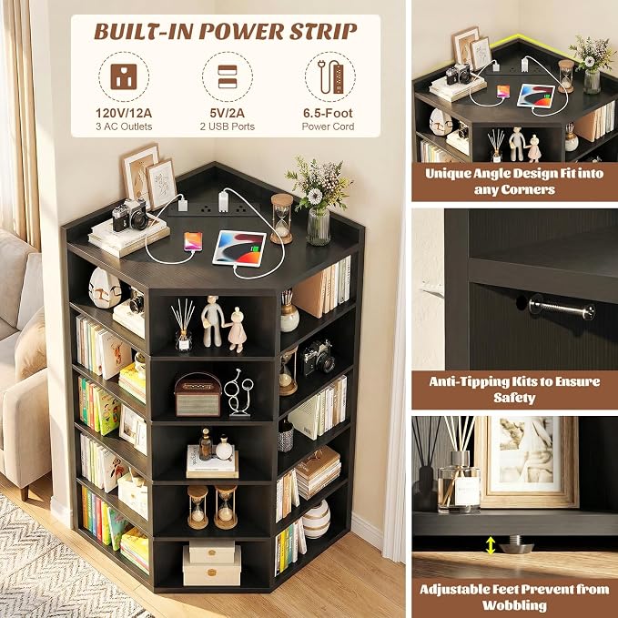 Aheaplus 6-Tier Corner Cube Bookshelf with Power Outlets, Wooden Corner Storage Cabinet with 15 Cubes, Corner Cube Organizer Shelf with Top Table, L Shaped Cubby Bookcase for Home Office, Black