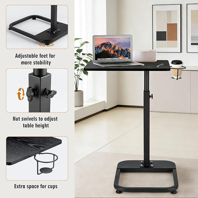 facka Multi-Functional C-Shaped End Table for Couch & Bed, Adjustable Height TV Tray, Stable Laptop Desk, Space-Saving Snack Side Table with Rounded Metal Corners