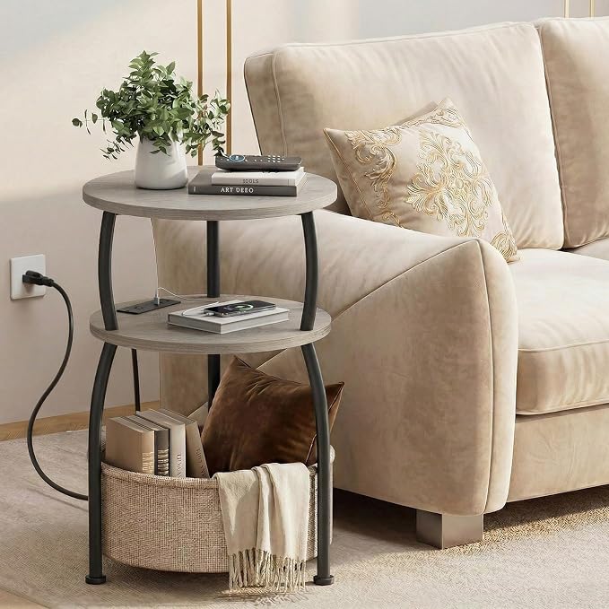 Round Side Table with Power Outlets and Type-C Port, USB Port Small Coffee Table with Basket, Space Saving End Table 3-Tier Bedside Corner Table Stand for Living Room, Bedroom, Garden 15.75in