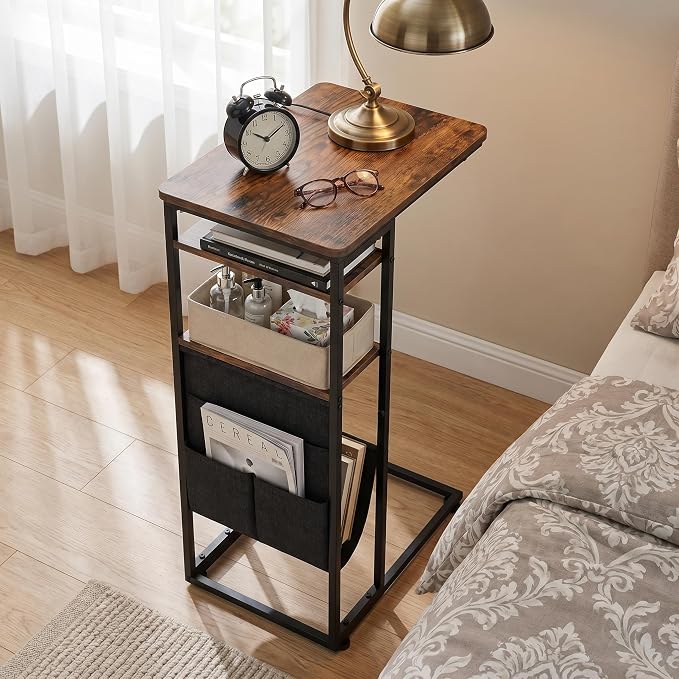 C Shaped End Table 28"(H) 3-Tier C Table with Storage Bag, Under Couch Table C-Shaped End Table with Storage Shelves and Bag for Living Room, Bedroom, or Office