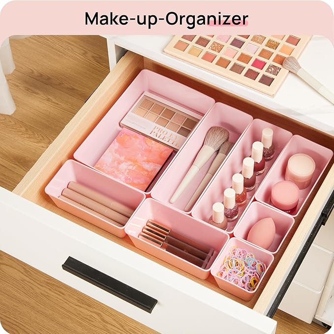 Vtopmart 25 PCS Plastic Drawer Organizers Set, 4-Size Versatile Bathroom and Vanity Drawer Organizer Trays, Storage Bins for Makeup, Bedroom, Kitchen Gadgets Utensils and Office | Plastic storage bins for organizing bathroom, bedroom, kitchen and offic...