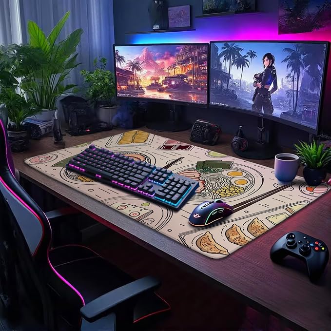 Japanese Ramen Large Gaming Mouse Pad 31.5"x15.7"｜Illustrated Food Pattern XXL Desk Mat, Non-Slip Rubber Base & Stitched Edges - Extended Waterproof Mousepad for PC/Laptop/Office/Home Decor