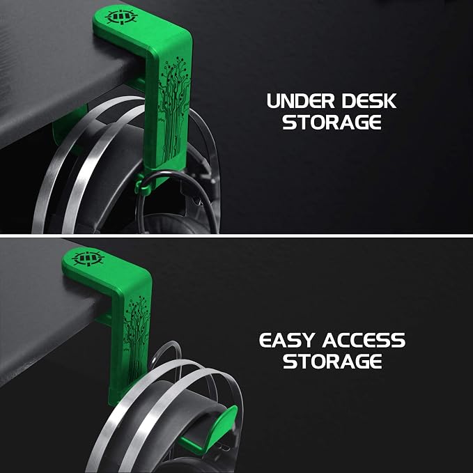 ENHANCE PC Gaming Headphone Holder - Desk Headphone Hanger Esports Headset Holder with Adjustable 360 Rotation, Under Desk Hook Clamp, Universal Fit - Built in Cable Clip Organizer - Green