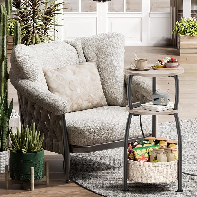 Small Side Table with Charging Station, Round End Table with Basket, USB Port and Outlet, 3 Tiers Sofa Couch Table Bedside Table for Living Room Bedroom, Small Spaces, 11.81in Greige