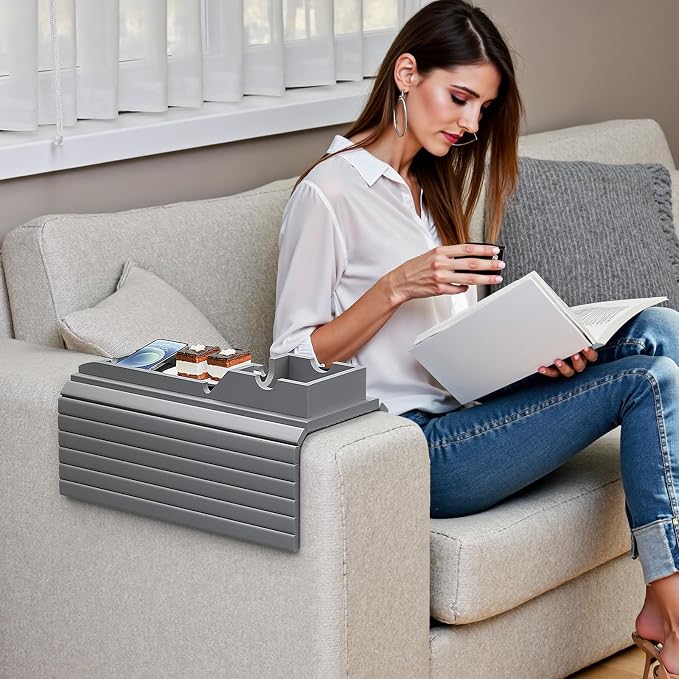 Bestjing Bamboo Couch Armrest Table, Sofa Arm Tray with Detachable Couch Cup Holder- 2 in 1 Anti-Slip Foldable Sofa Armchair Caddy Table for Drinks Cellphone TV Remote Snacks (Gray)