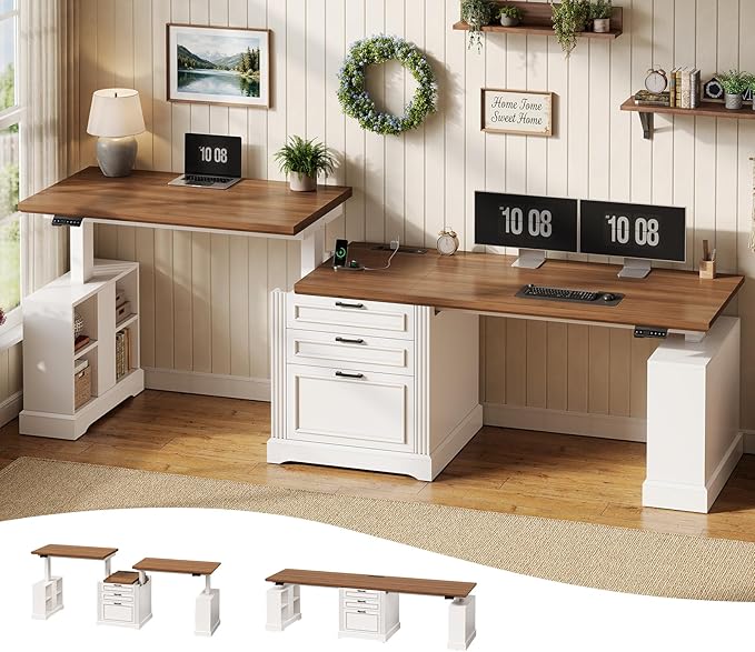 SEDETA Standing Two Person Desk, 98.4'' Farmhouse Long Computer Desk with 3 Drawers, Storage Cabinet, Electric Height Adjustable 2 Person Desk with Power Outlets for Home Office, White+Brown