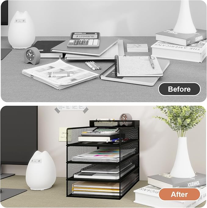 Natwind 4 Tier Stackable Paper Trays for Letter Documents, Desktop File Organizers for Office Supplies, Metal Mesh Desk Organizer，Office Organizer，Letter Trays for Home, Office, School，Black