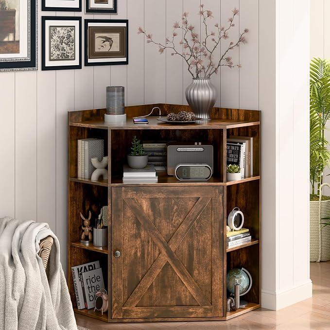Halitaa Corner Storage Cabinet, Farmhouse Corner Bookshelf with Storage 6-Cubby Wooden Cabinet with USB Ports and Outlets Industrial Organizer for Small Space, Study, Playroom, Living Room