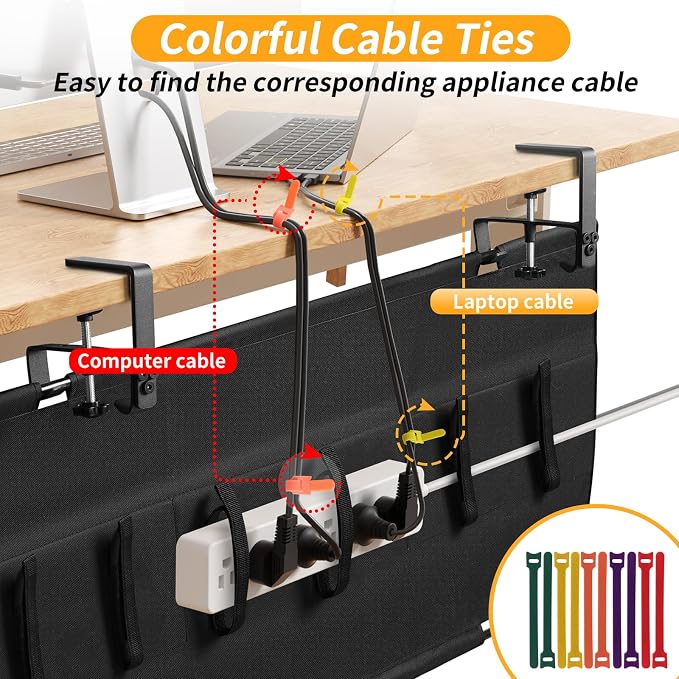 No Drill Under Desk Cable Management, 36" Desk Cable Management Tray, Standing Desk Cord Organizer Clamp Screw Mount, Cable Management Under Desk Black Fabric Desk Organizer for Home Office