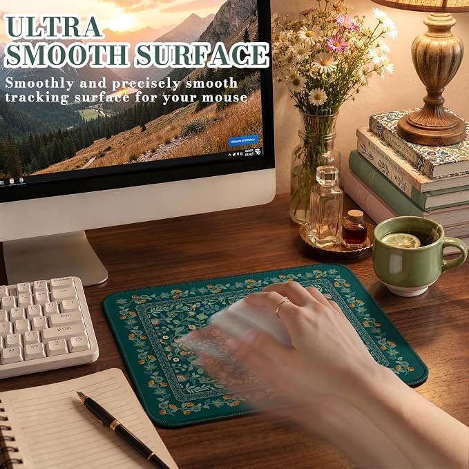 iCasso Aesthetic Small Floral Mouse Pad, Mini Portable Travel Mousepad, Anti-Slip and Comfortable Cloth Mouse Mat 7.9"x9.5" with Stitched Edges for Computer, Laptop, Office, Home(Deep Green)