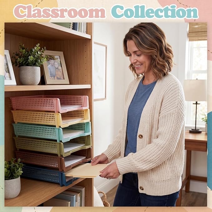 Weysat 12 Pcs Turn in Trays Classroom, Stackable Paper Tray for Classroom Organization Plastic Desk File Organizer Bin Basket for Library Drawer Teacher Office Document Storage (Morandi Tones,Narrow)