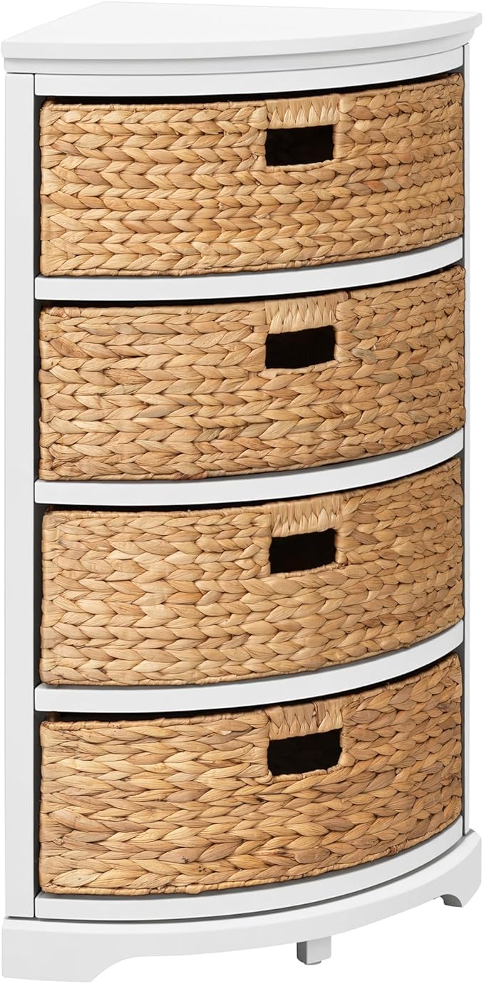 eHemco Hampton Meadows 4 Tier X-Side Corner Table Storage Cabinet with 4 Wicker Baskets, White