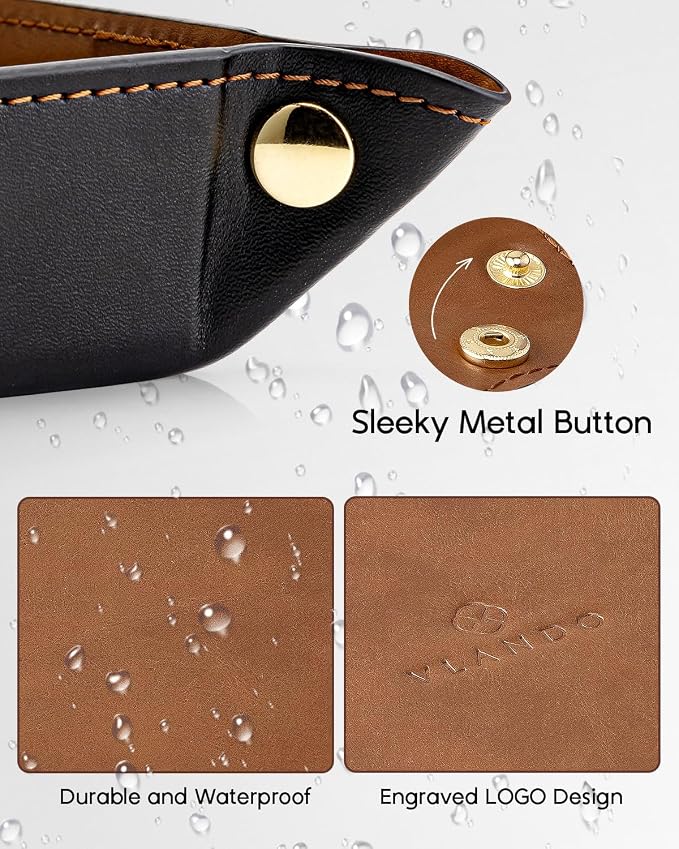 VLANDO Valet Tray Organizer, PU Leather Catchall Tray for Travel | Foldable valet tray for travel, hotel stays and daily carry items like keys, wallet, watch, jewelry and headphones