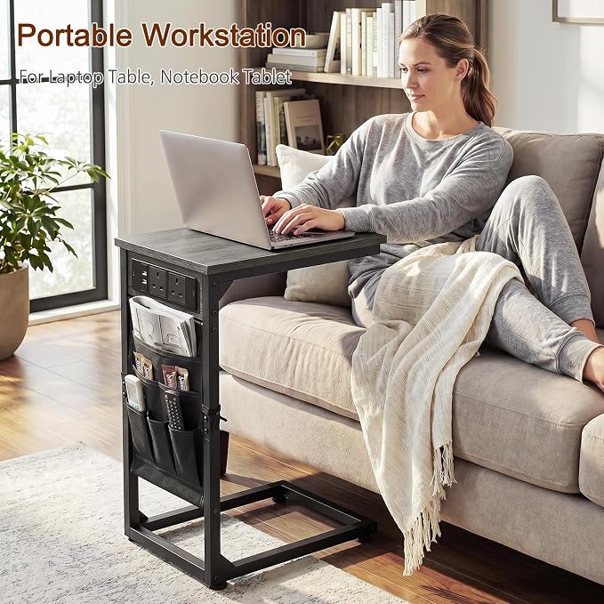 AMHANCIBLE C Shaped End Table with Charging Station, Couch Side Tables that Slide Under Sofa with Storage Bag, Slim TV Tray with USB Ports for Living Room, Bedroom, Dark Grey HET04CDG