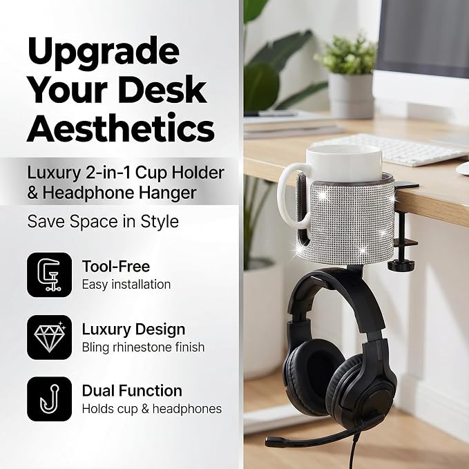 Luxury 2-in-1 Desk Cup Holder with Headphone Hanger for Office, Home, Gaming(Bling Bling)