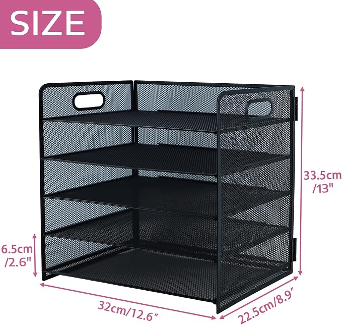 5 Tier Lettrer Tray Organizer with Handle, Metal Mesh Desk File Organizer with Sliding Trays, Paper Sorter Desk for Home Office School, Black