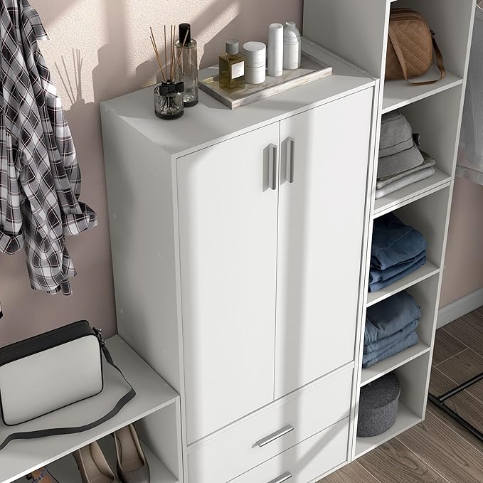 Homes: Inside + Out Apexa 3-Tier Stackable Wood Bookcase with Doors, Cube Storage Organizer Shelves, Small Food Pantry Cabinet, Dorm Teen Room Decor & Bedroom, Home Office, Kitchen, White