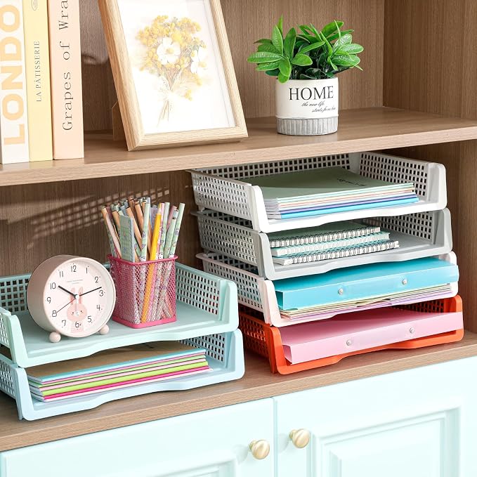 Teenyyou Set of 12 Colorful Turn in Trays Classroom Plastic Stackable Paper Tray Classroom Teachers Desk Organizer Bin for Office Home Teachers Organization and Storage, 9 x 13 x 3 Inches(Boho)