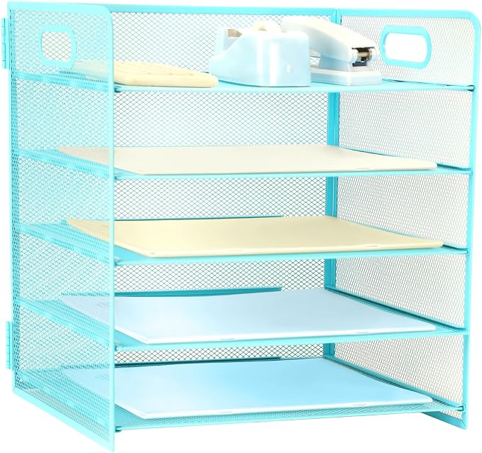 5 Tier Lettrer Tray Organizer with Handle, Metal Mesh Desk File Organizer with Sliding Trays, Paper Sorter Desk for Home Office School, Blue